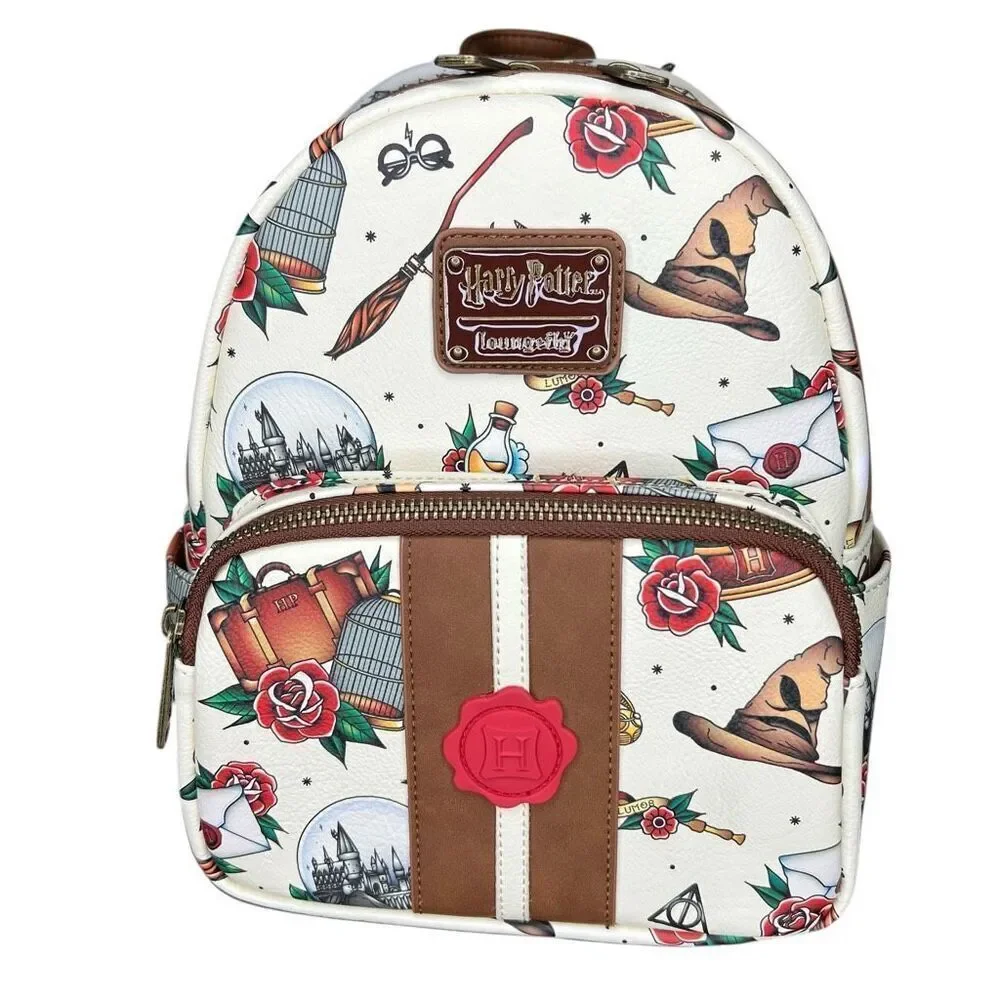 NEW Loungefly Harry Potter Tattoo Art Cream Double Strap Shoulder Backpack